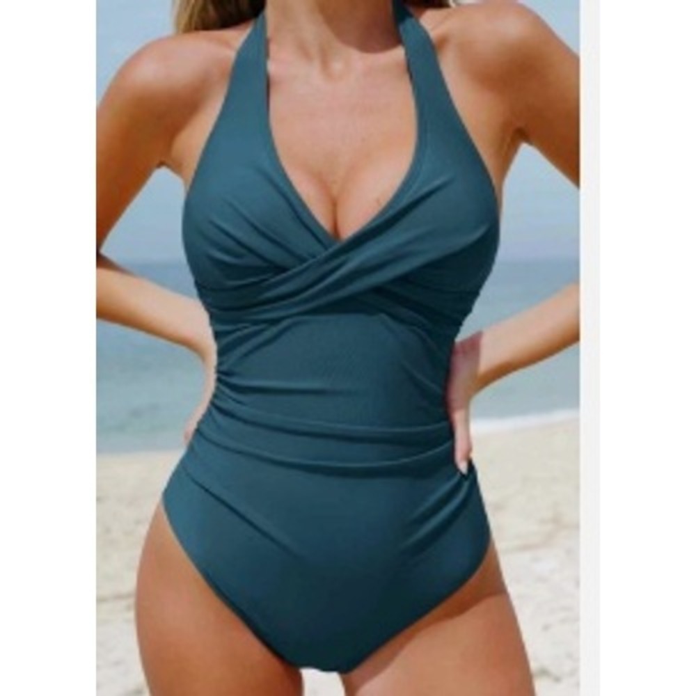 Teal Blue Halter One Piece Swimsuit Crossover Wrap Ruched Front Size Medium